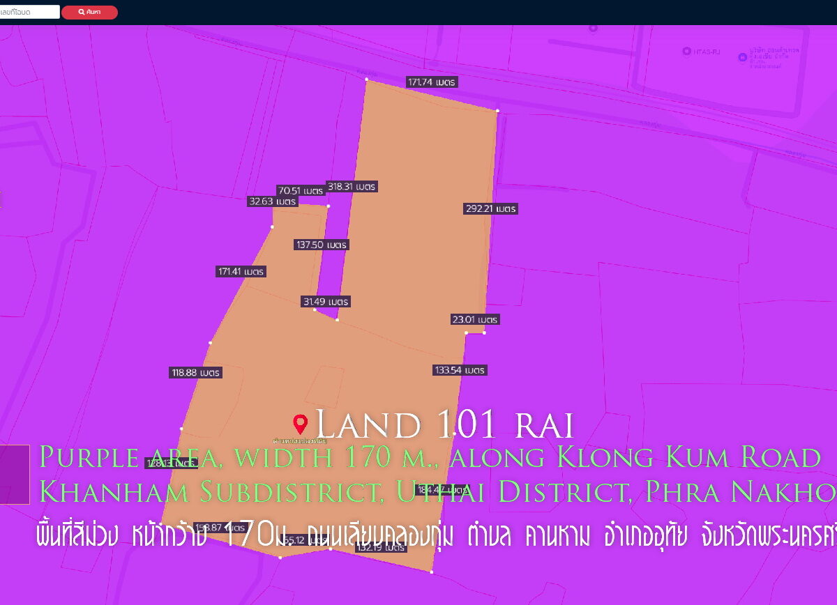 Land 101 rai Purple area, width 170 m., along Klong Kum Road Khanham Subdistrict, Uthai District, Phra Nakhon Si Ayutthaya Province Near Rojana Industrial Estate, 3.5 km. from Rojana Road Price 2.7 million per rai, interested contact Khun Sri 094 821 6456