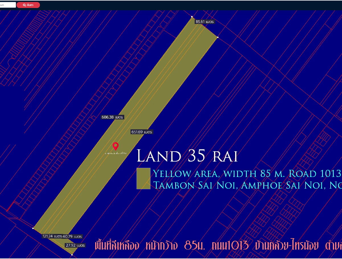 Land 35 rai Yellow area, 80 m wide, Road 1013, Ban Kluai-Sai Noi Tambon Sai Noi, Amphoe Sai Noi, Nonthaburi Back side is next to Khlong Ta Sang, near Wat Sai Yai, Sai Noi Floating Market Price per rai 6 million, interested contact 094 821 6456